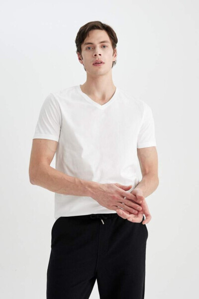 Slim Fit V-Neck Basic Short Sleeve 100% Cotton T-Shirt White - 7