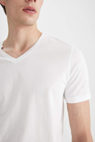 Slim Fit V-Neck Basic Short Sleeve 100% Cotton T-Shirt White - 8