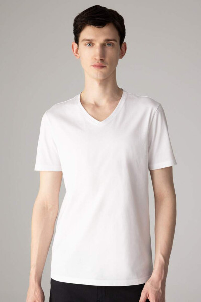 Slim Fit V-Neck Basic Short Sleeve 100% Cotton T-Shirt White - 10