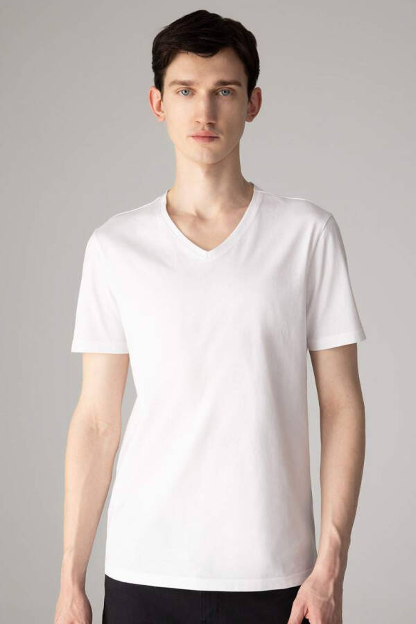 Slim Fit V-Neck Basic Short Sleeve 100% Cotton T-Shirt White - 10