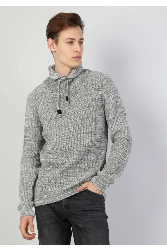 Slim Fit V-Neck Men's Grey Melange Sweater - 1