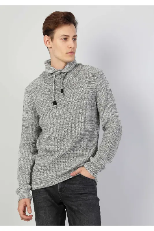 Slim Fit V-Neck Men's Grey Melange Sweater - 1