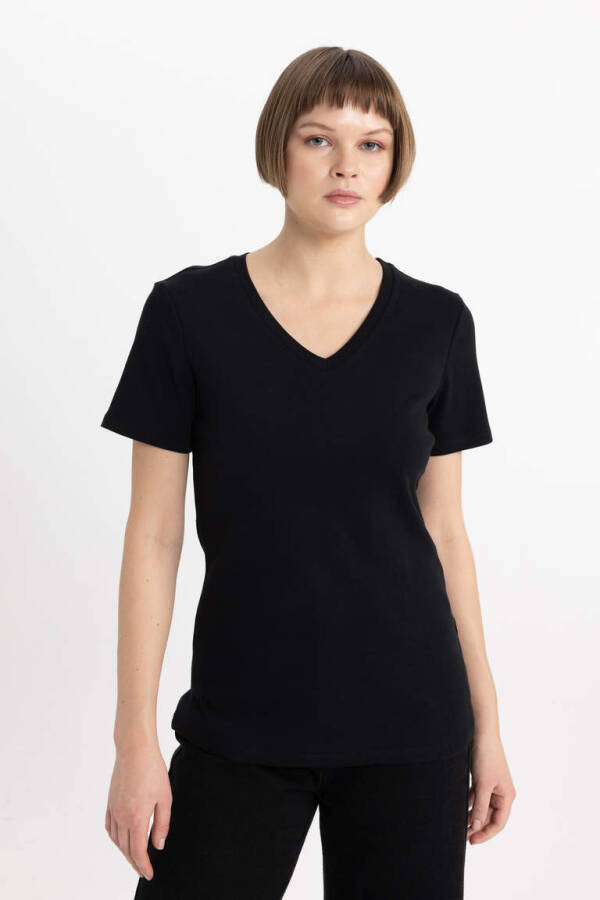 Slim Fit V Neck Ribbed Short Sleeve T-Shirt Black - 1