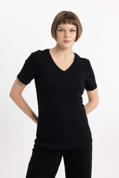 Slim Fit V Neck Ribbed Short Sleeve T-Shirt Black - 3