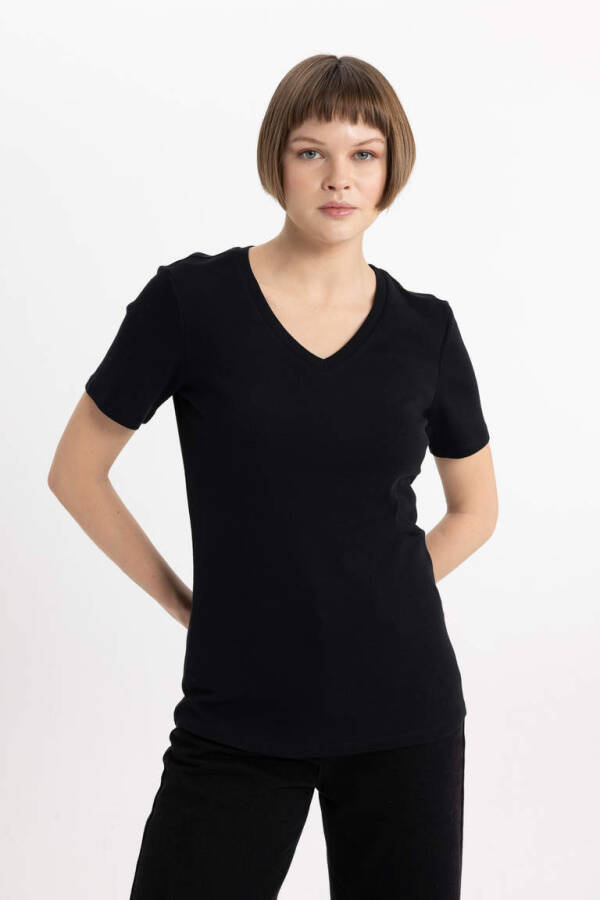 Slim Fit V Neck Ribbed Short Sleeve T-Shirt Black - 3