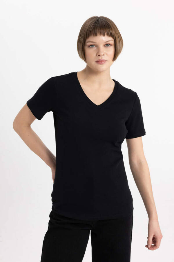 Slim Fit V Neck Ribbed Short Sleeve T-Shirt Black - 4