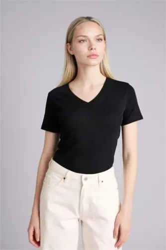 Slim Fit V Neck Ribbed Short Sleeve T-Shirt Black - 1