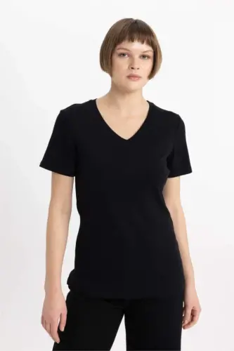 Slim Fit V Neck Ribbed Short Sleeve T-Shirt Black - 1