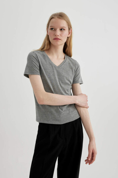 Slim Fit V-Neck Ribbed Short Sleeve T-Shirt Grey Melange - 1