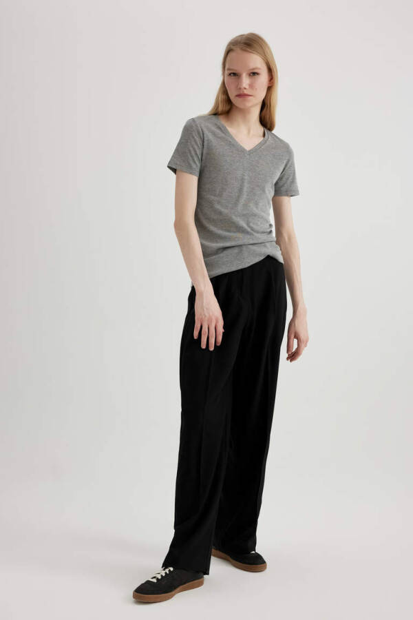 Slim Fit V-Neck Ribbed Short Sleeve T-Shirt Grey Melange - 2