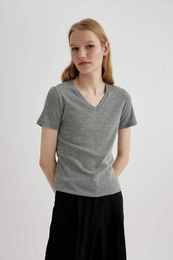 Slim Fit V-Neck Ribbed Short Sleeve T-Shirt Grey Melange - 3
