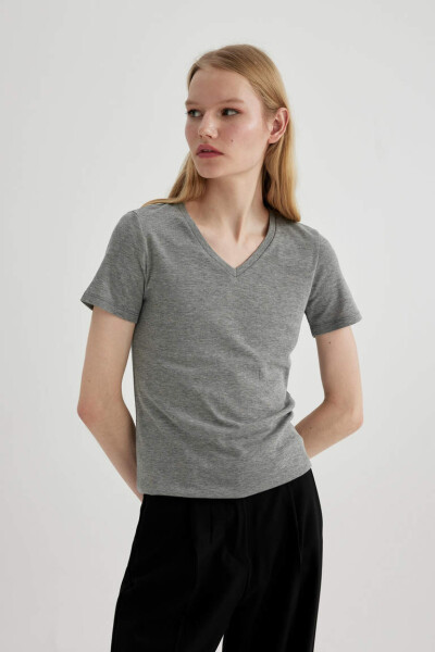 Slim Fit V-Neck Ribbed Short Sleeve T-Shirt Grey Melange - 4