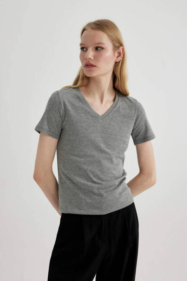Slim Fit V-Neck Ribbed Short Sleeve T-Shirt Grey Melange - 4