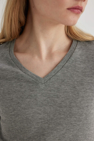 Slim Fit V-Neck Ribbed Short Sleeve T-Shirt Grey Melange - 5
