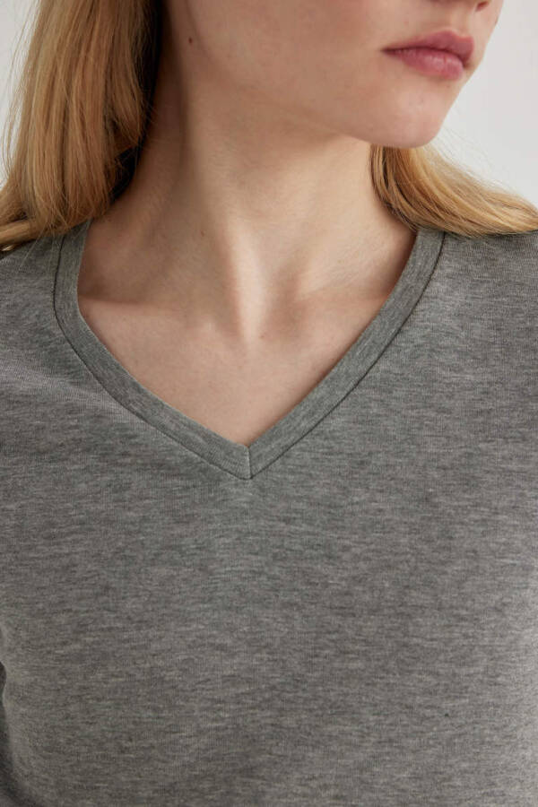 Slim Fit V-Neck Ribbed Short Sleeve T-Shirt Grey Melange - 5