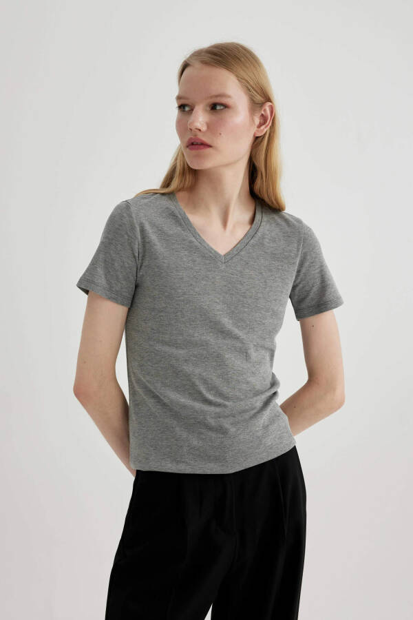 Slim Fit V-Neck Ribbed Short Sleeve T-Shirt Grey Melange - 7