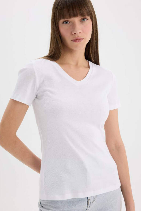 Slim Fit V-Neck Short Sleeve 100% Cotton T-Shirt White - 1