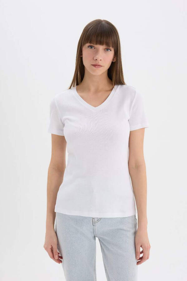 Slim Fit V-Neck Short Sleeve 100% Cotton T-Shirt White - 3