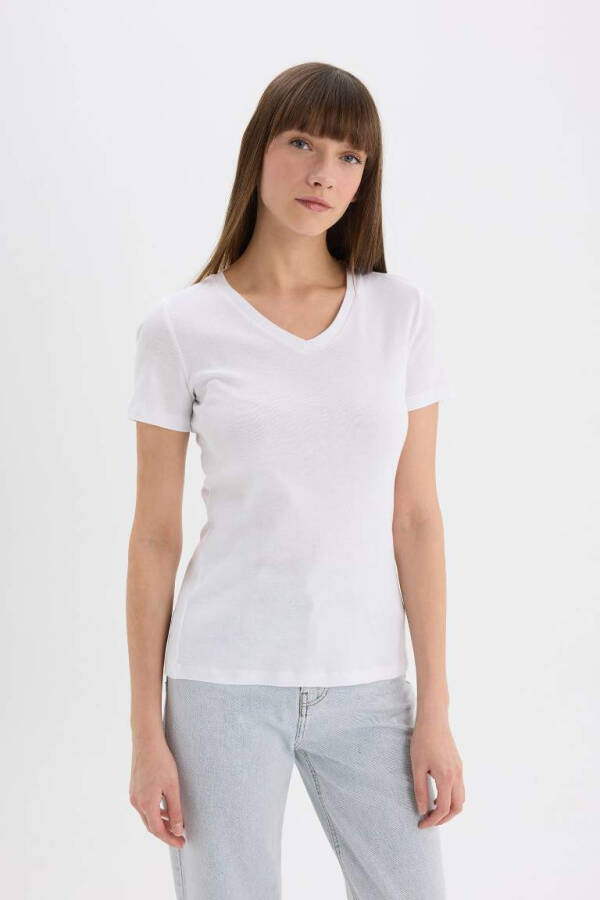Slim Fit V-Neck Short Sleeve 100% Cotton T-Shirt White - 4