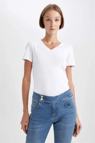 Slim Fit V-Neck Short Sleeve 100% Cotton T-Shirt White - 1