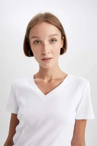 Slim Fit V-Neck Short Sleeve 100% Cotton T-Shirt White - 4