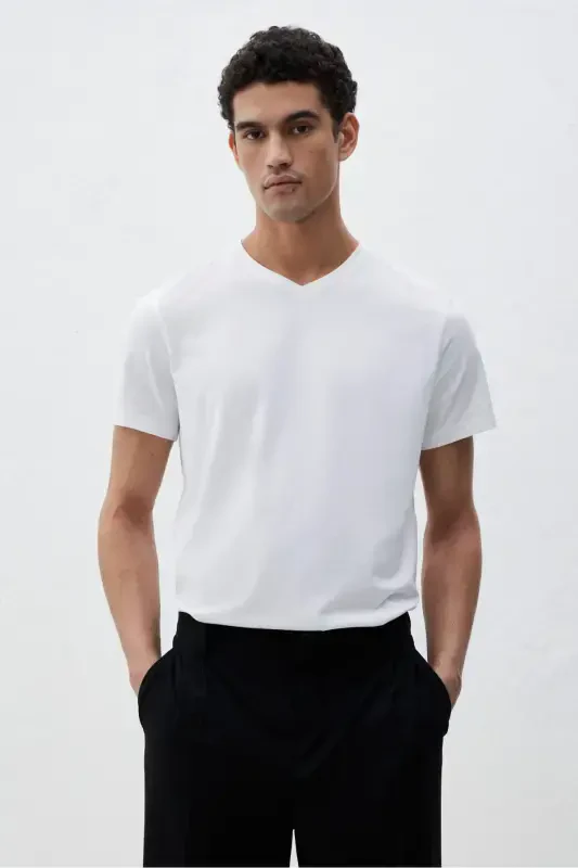Slim Fit V-Neck T-Shirt-White - 1