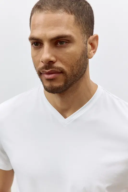 Slim Fit V-Neck T-Shirt-White - 2