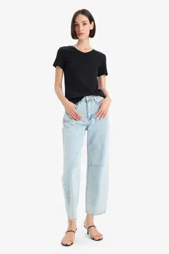 Slim Fit Dar Kesim V Yaka Ribana Basic Düz Kısa Kollu Siyah Tişört-Siyah - 3