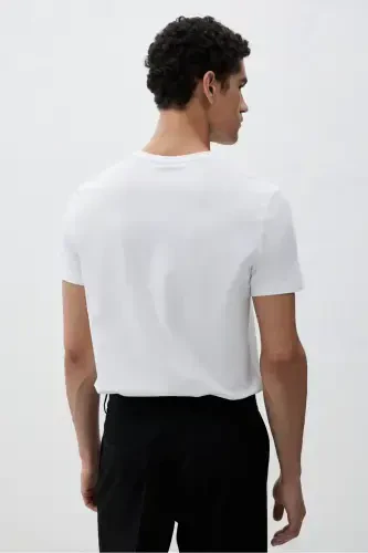 Slim Fit V Yakalı Tişört-Beyaz - 4