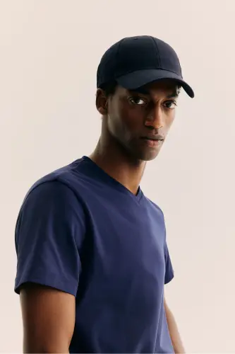 Slim Fit V Yakalı Tişört-Lacivert 