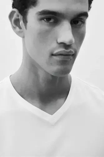 Slim Fit V Yoqali футболka - Oq - 5