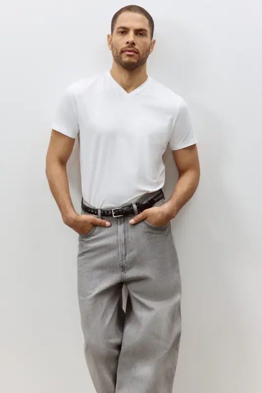 Slim Fit V Yoqali футболka - Oq - 1