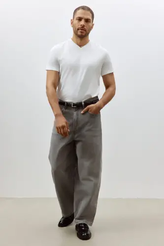 Slim Fit V Yoqali футболka - Oq - 3