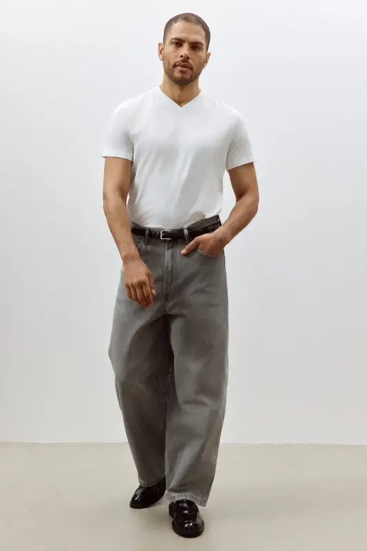 Slim Fit V Yoqali футболka - Oq - 3