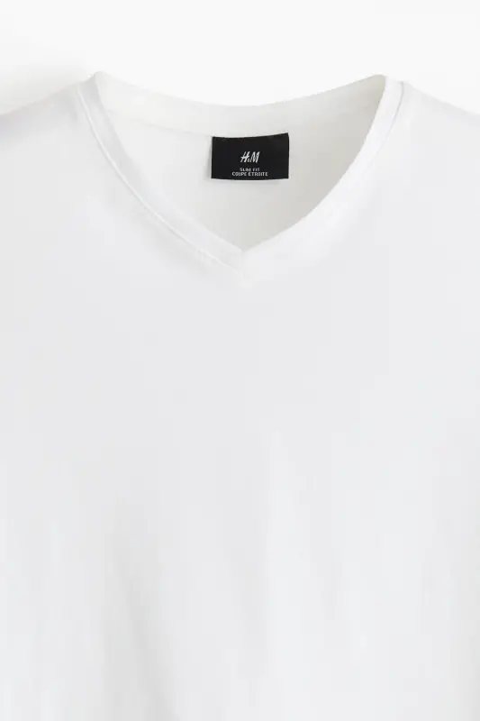 Slim Fit V Yoqali футболka - Oq - 7