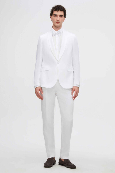 Slim Fit White Plain Linen-tencel™ Groom & Tuxedo Suit - 44