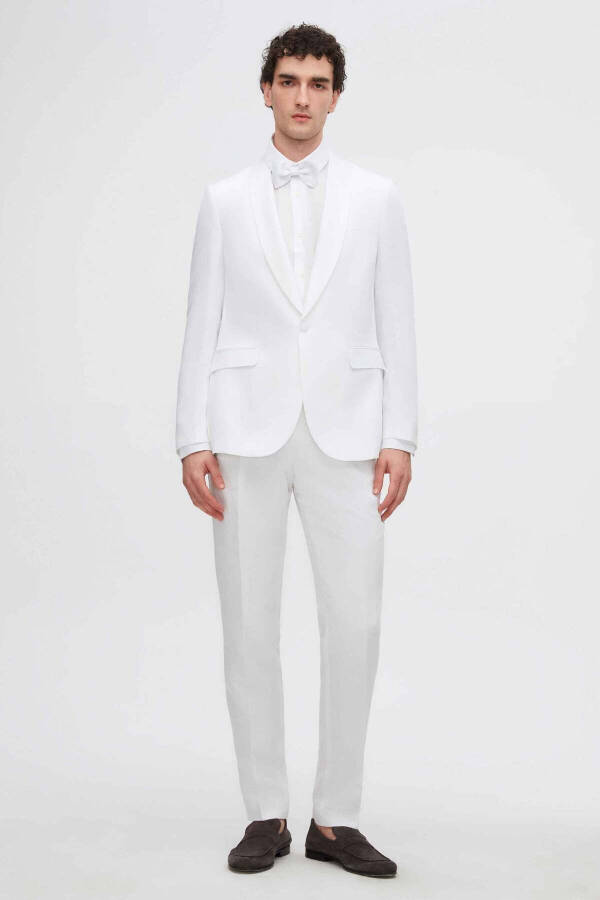 Slim Fit White Plain Linen-tencel™ Groom & Tuxedo Suit - 36