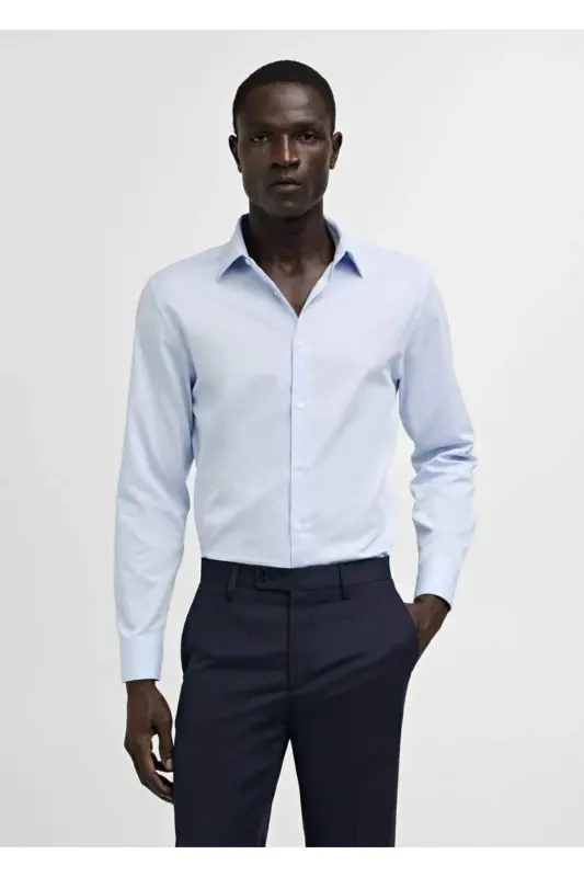 Slim Fit хлопковая поплиновая рубашка-голубой - 1