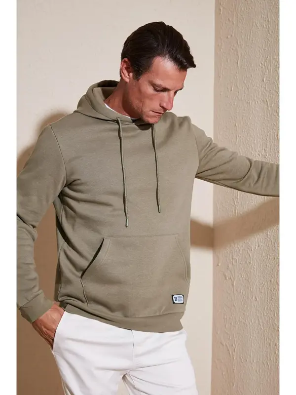 Slim Fit Худи с капюшоном и карманом-кенгуру, мягкая толстовка на флисе для мужчин 5905281-Bej - 1