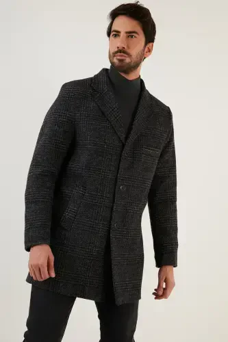 Slim Fit Yakasi Yolg'oz Qopqonli Tugmachali Kashmir Palto - 4