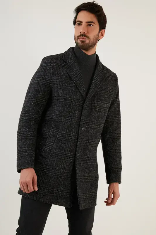 Slim Fit Yakasi Yolg'oz Qopqonli Tugmachali Kashmir Palto - 4