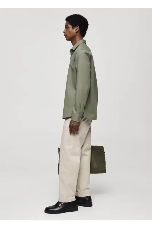 Slim fit yapılı pamuklu gömlek - Haki Renk - 1