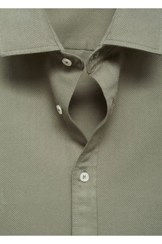 Slim fit yapılı pamuklu gömlek - Haki Renk - 2