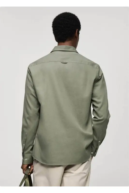 Slim fit yapılı pamuklu gömlek - Haki Renk - 7