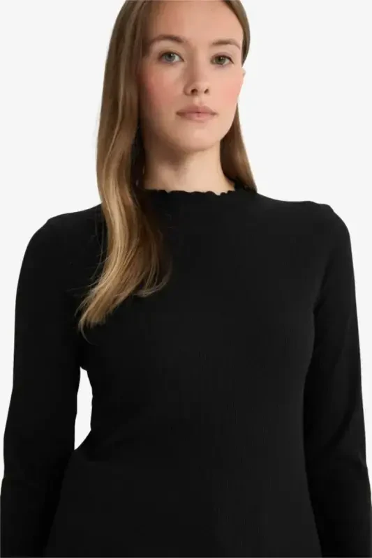 Slim Fit Yarım Balıkçı Yaka Fitilli Kaşkorse BasicUzun Kollu Tişört-Siyah - 5