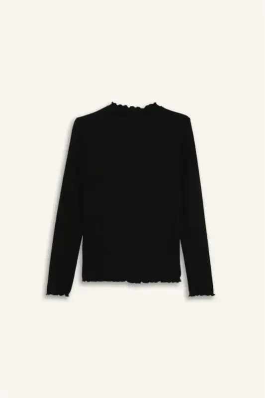 Slim Fit Yarım Balıkçı Yaka Fitilli Kaşkorse BasicUzun Kollu Tişört-Siyah - 10