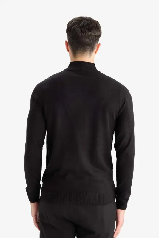 Slim Fit Dar Kesim Yarım Balıkçı Yaka Basic Düz Triko Kazak-Siyah - 6
