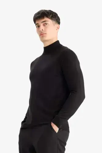 Slim Fit Yarim Baliqchi Yoqa Triko Kozok Qora - 4