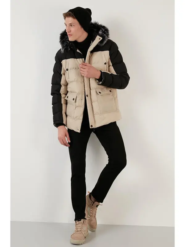 Slim Fit Yechiladigan Sun'iy Mo'ynali Kapüşonli Shishirilgan Erkak Ko'ylagi 5760076-Qora - 1