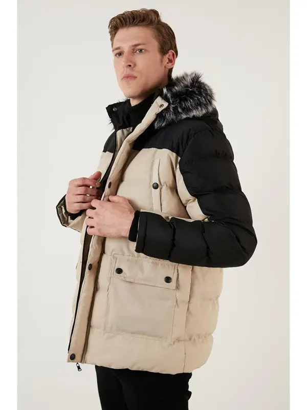 Slim Fit Yechiladigan Sun'iy Mo'ynali Kapüşonli Shishirilgan Erkak Ko'ylagi 5760076-Qora - 2